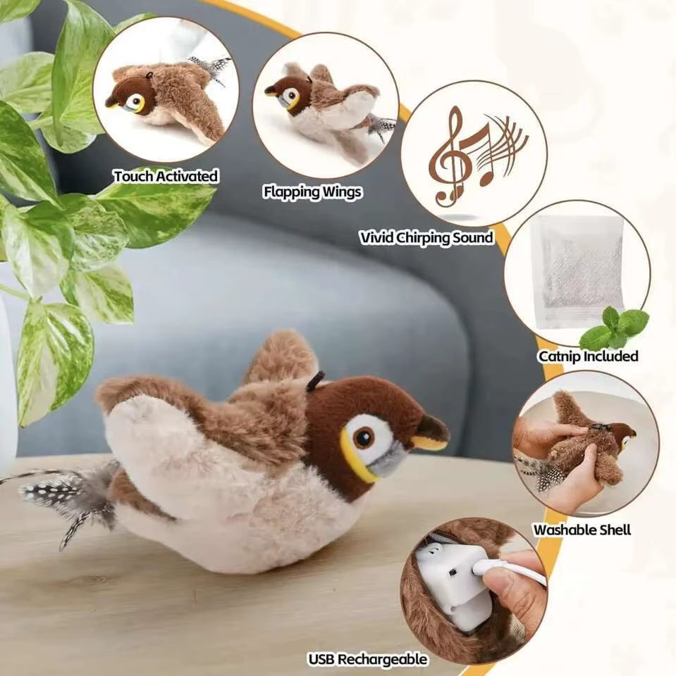 Flying Bird Cat Toy Interactive Cat Toys Rechargeable Chirping Flapping Bird(No Flying) Can Add Catnip Touch Activated Plush Toy